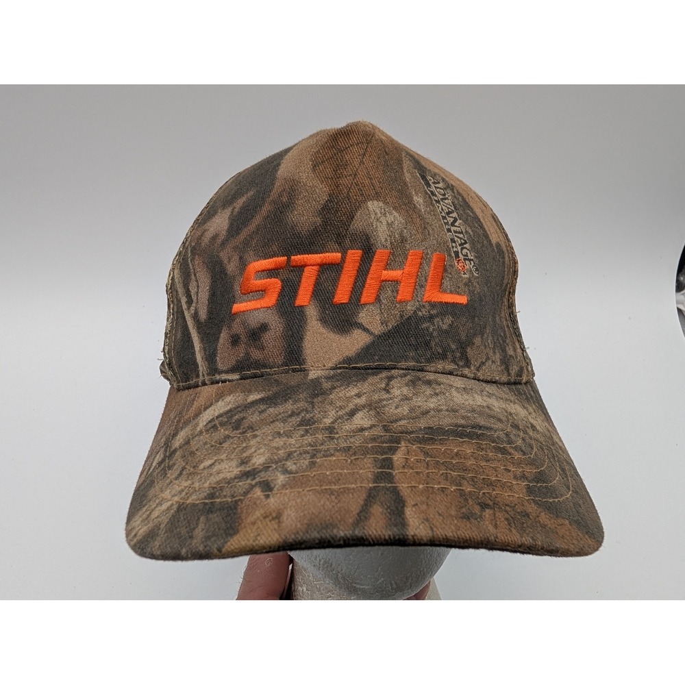 Stihl Outfitters Advantage Timber Camo Trucker Hat Orange Logo Adjustable Strap